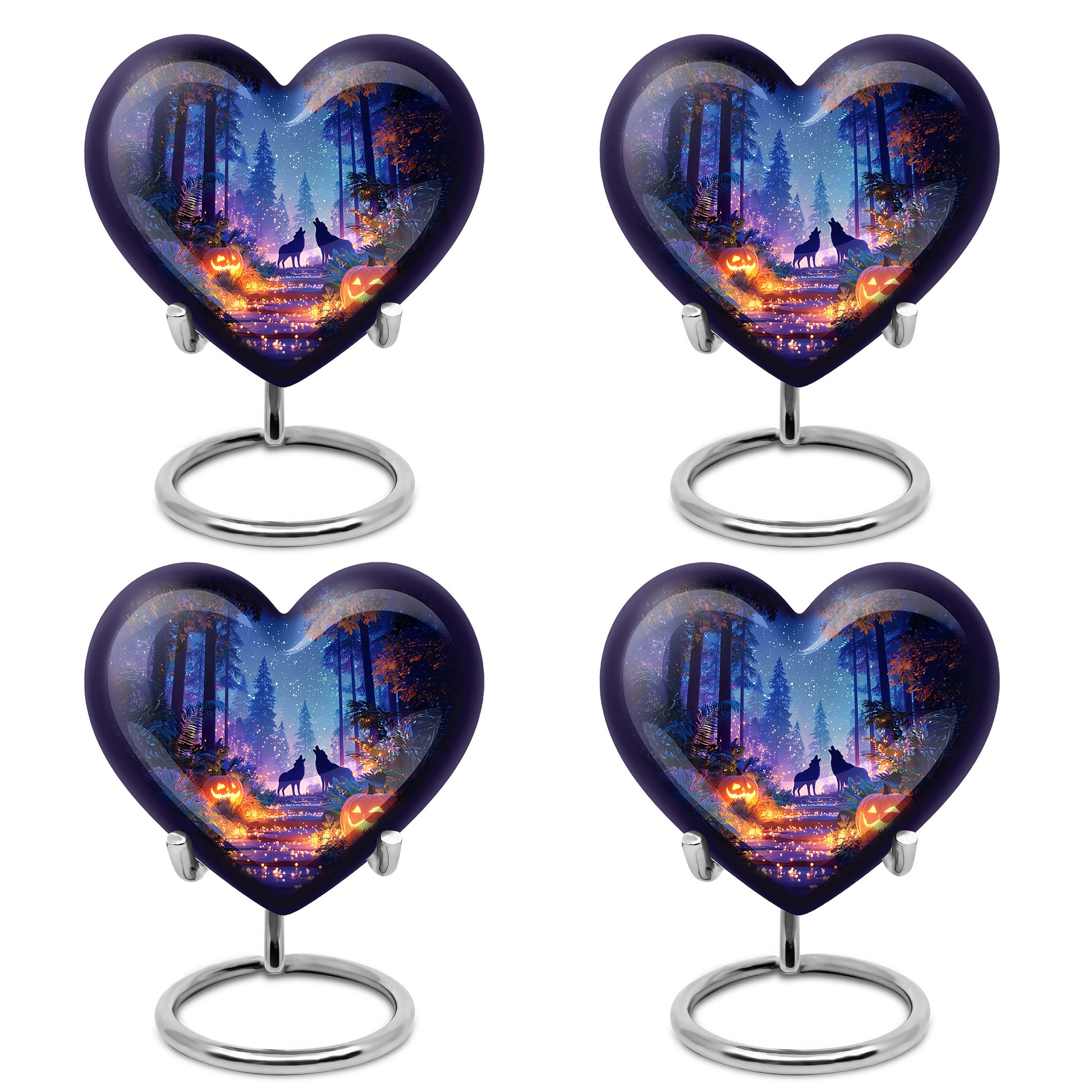 Serene Blue Halloween Cremation Urn angled view of lid and engraved motif - romantic heart urn with halloween motif on aluminum - 10 inch aluminum urn for cremated remains