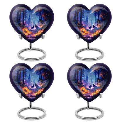 Serene Blue Halloween Cremation Urn angled view of lid and engraved motif - romantic heart urn with halloween motif on aluminum - 10 inch aluminum urn for cremated remains