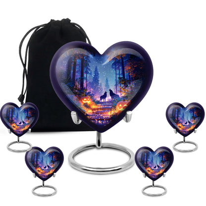 Icy Blue Halloween Cremation Urn close-up of engraving and surface detail - heart-shaped halloween design symbolizing eternal love - memorial set with one large and four small urns