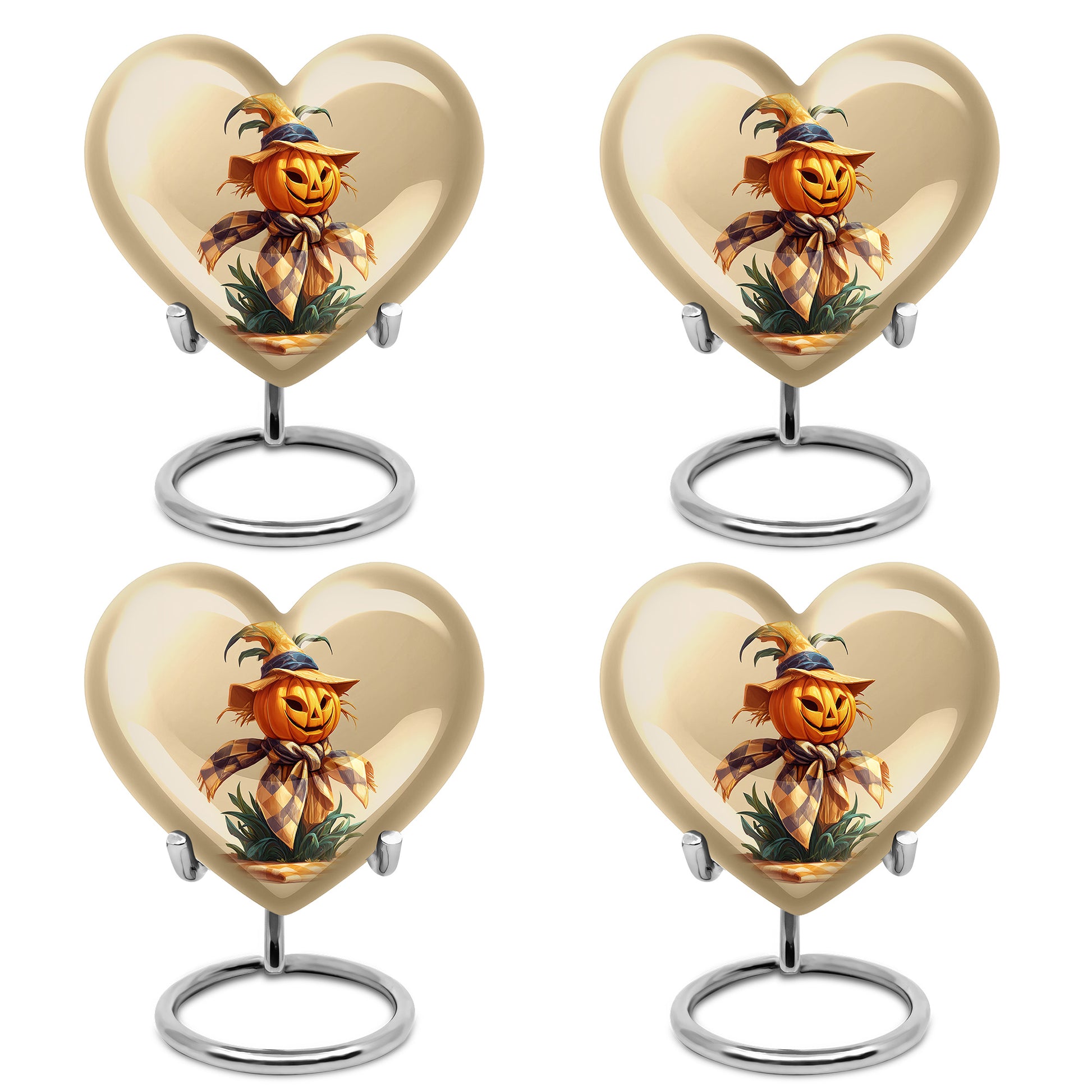 Warm Gold Halloween Cremation Urn angled view of lid and engraved motif - romantic heart urn with halloween motif on aluminum - 10 inch aluminum urn for cremated remains