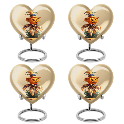 Warm Gold Halloween Cremation Urn angled view of lid and engraved motif - romantic heart urn with halloween motif on aluminum - 10 inch aluminum urn for cremated remains