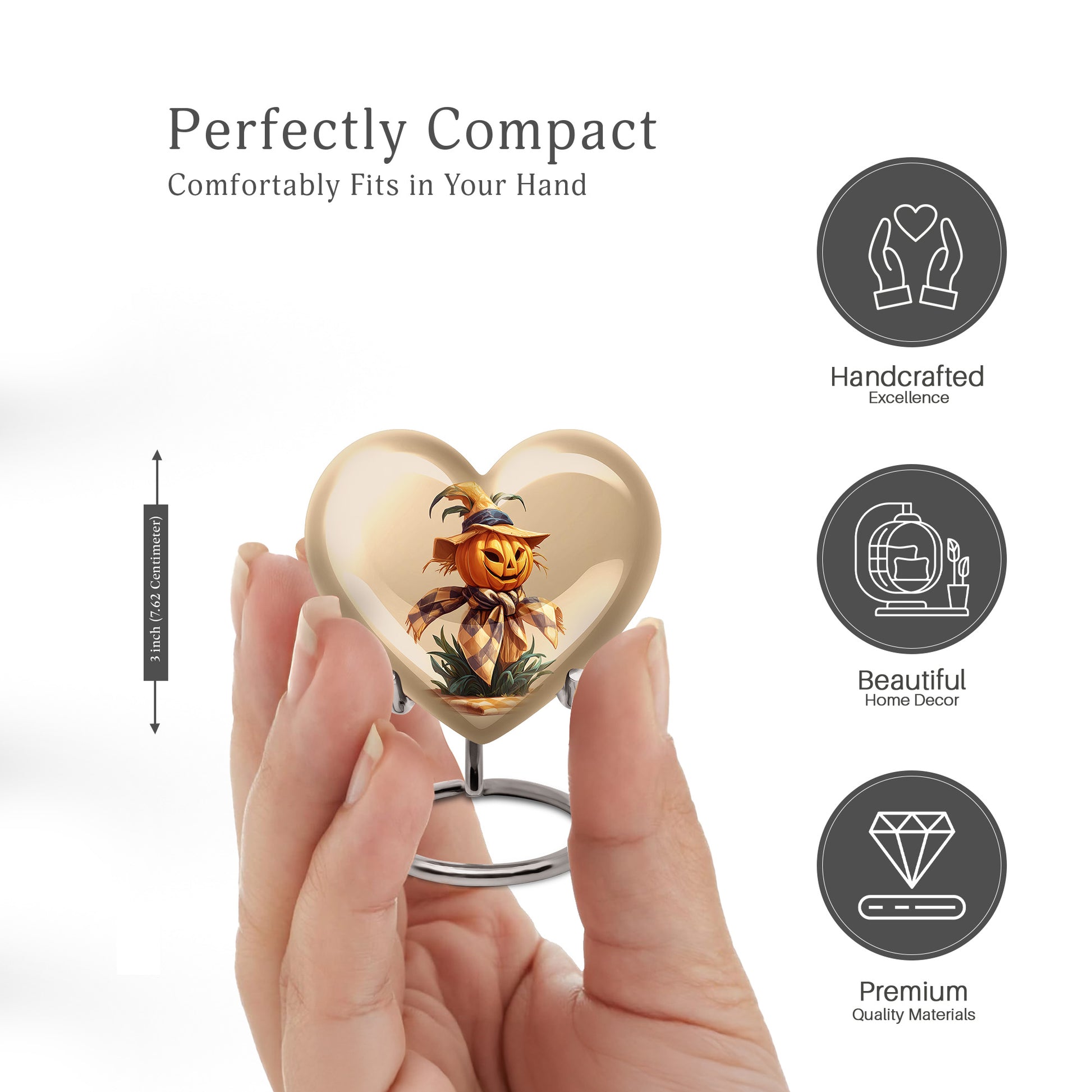Harvest Gold Halloween Cremation Urn front view showing detailed design - compassionate heart-halloween combination with gentle curves - mini keepsake memorial for portion of cremation ashes