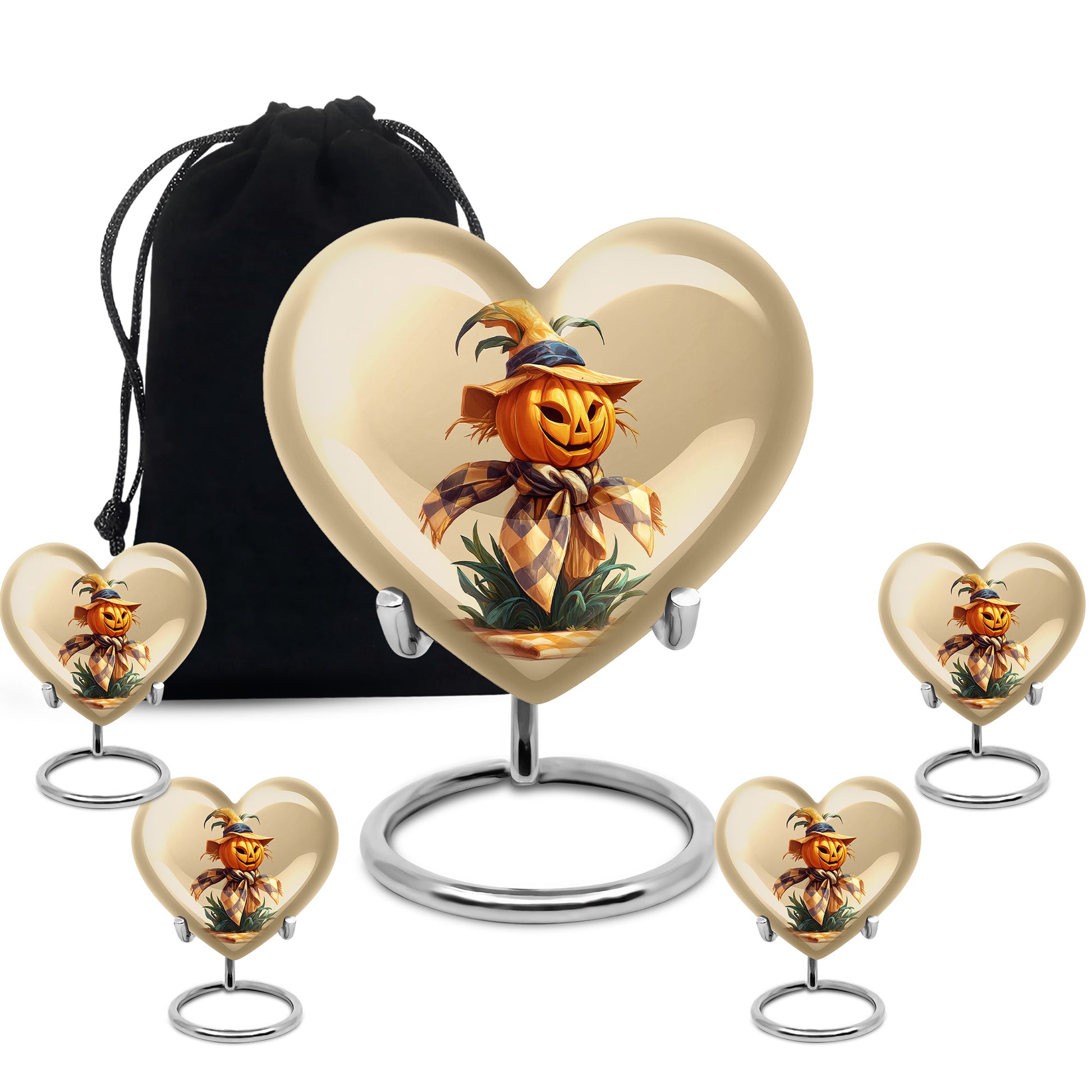 Royal Gold Halloween Cremation Urn close-up of engraving and surface detail - romantic heart urn with halloween motif on aluminum - memorial set with one large and four small urns