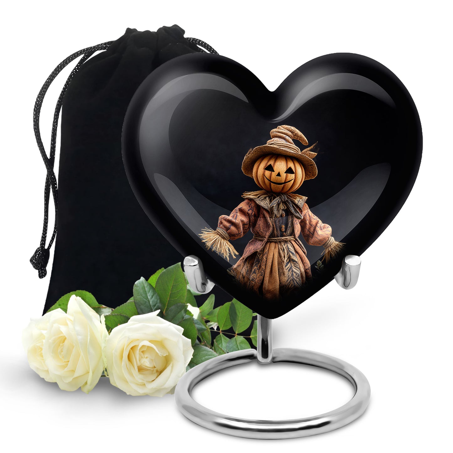 Rich Black Halloween Cremation Urn detail view - heart-shaped halloween design symbolizing eternal love - full-size 10 inch 200 cubic inch adult cremation urn