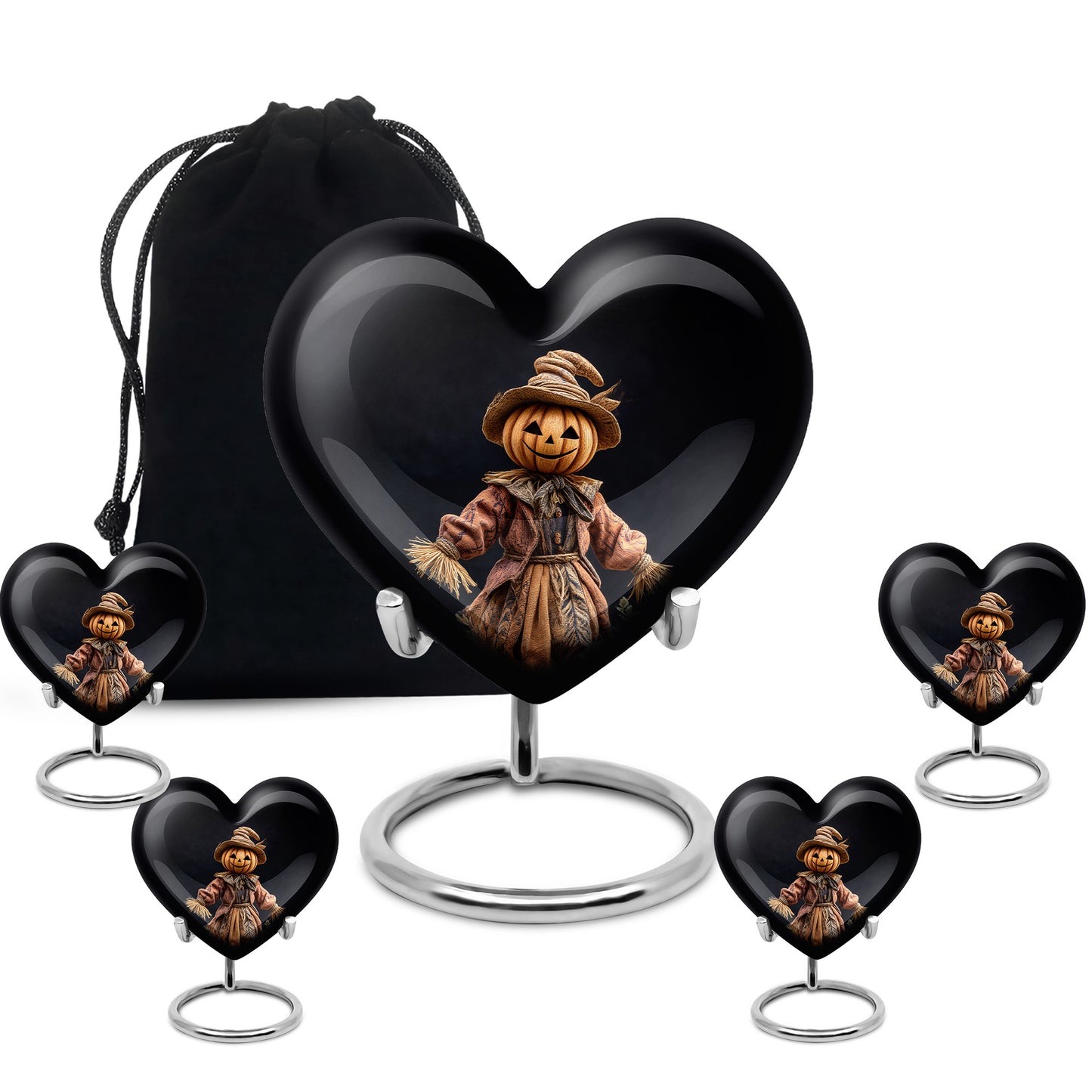 Glossy Black Halloween Cremation Urn close-up of engraving and surface detail - heart-shaped halloween design symbolizing eternal love - memorial set with one large and four small urns