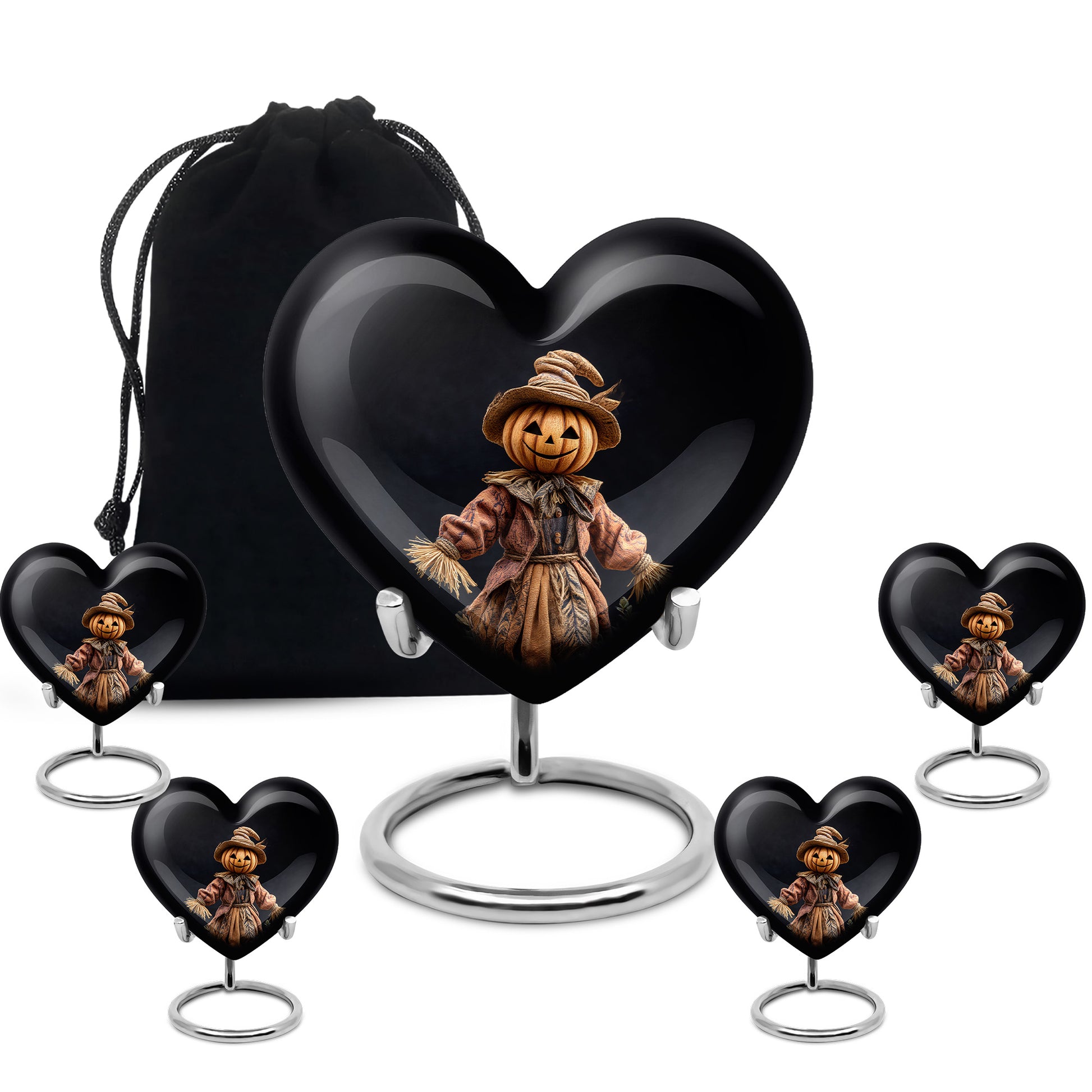 Glossy Black Halloween Cremation Urn close-up of engraving and surface detail - heart-shaped halloween design symbolizing eternal love - memorial set with one large and four small urns