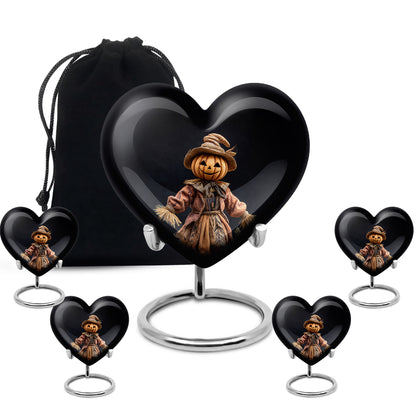 Glossy Black Halloween Cremation Urn close-up of engraving and surface detail - heart-shaped halloween design symbolizing eternal love - memorial set with one large and four small urns
