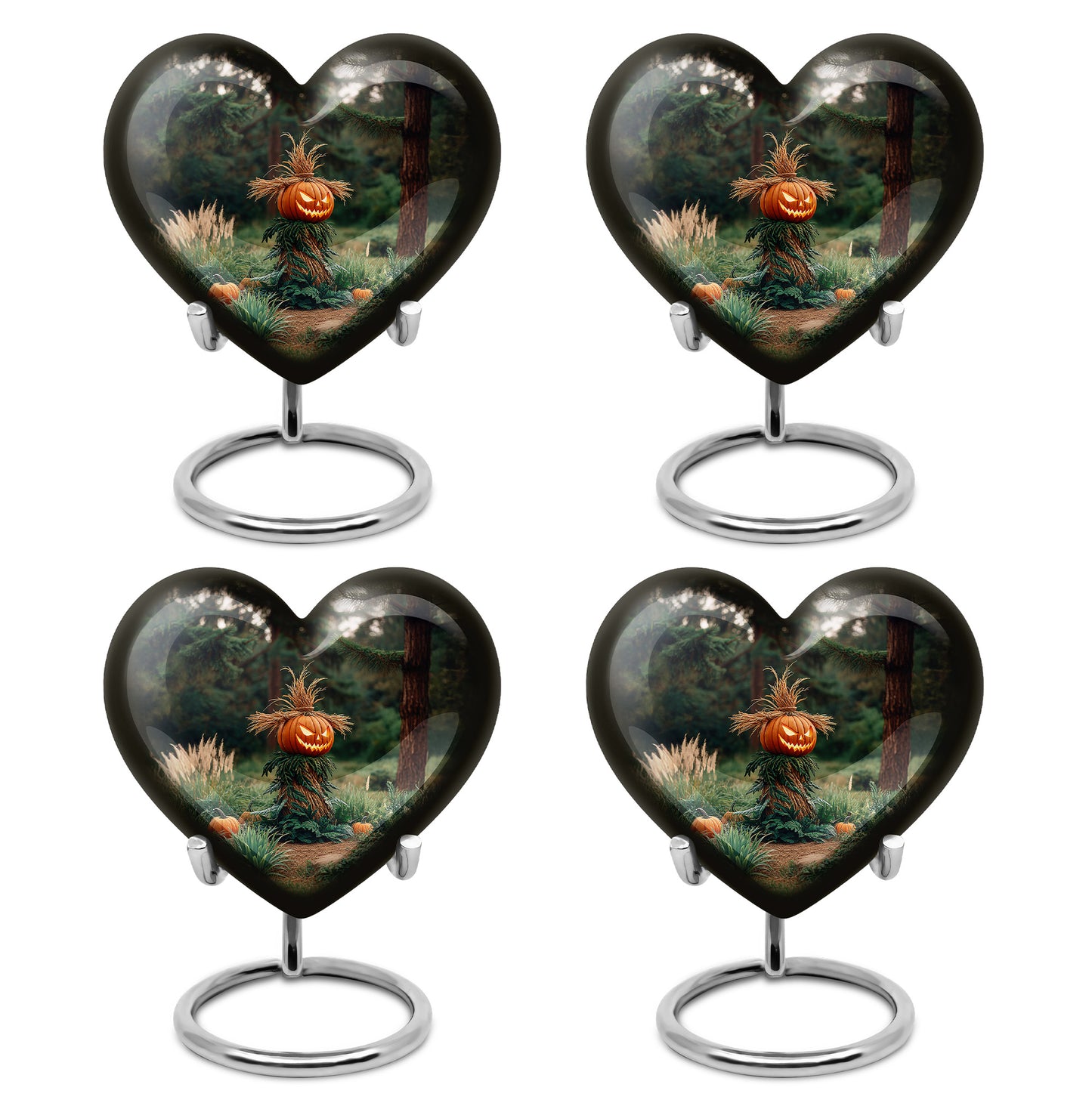 Obsidian Black Halloween Cremation Urn angled view of lid and engraved motif - romantic heart urn with halloween motif on aluminum - 10 inch aluminum urn for cremated remains