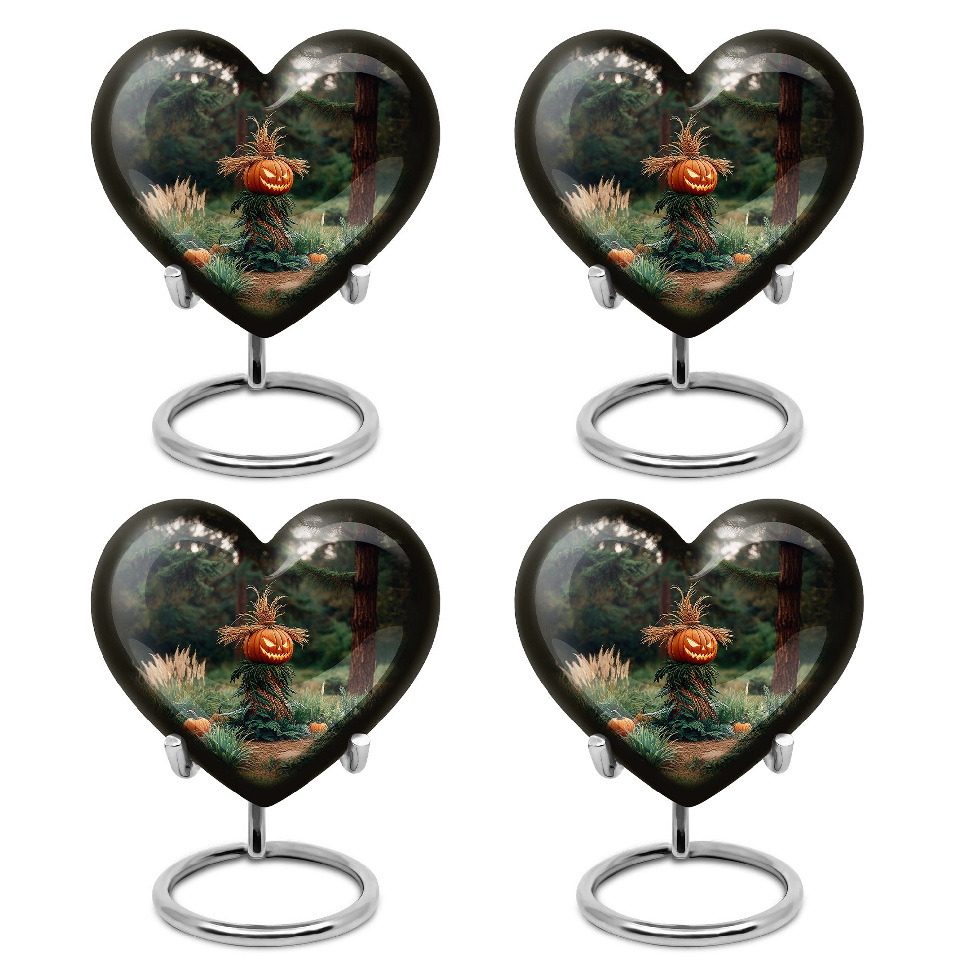 Obsidian Black Halloween Cremation Urn angled view of lid and engraved motif - romantic heart urn with halloween motif on aluminum - 10 inch aluminum urn for cremated remains