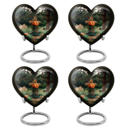 Obsidian Black Halloween Cremation Urn angled view of lid and engraved motif - romantic heart urn with halloween motif on aluminum - 10 inch aluminum urn for cremated remains