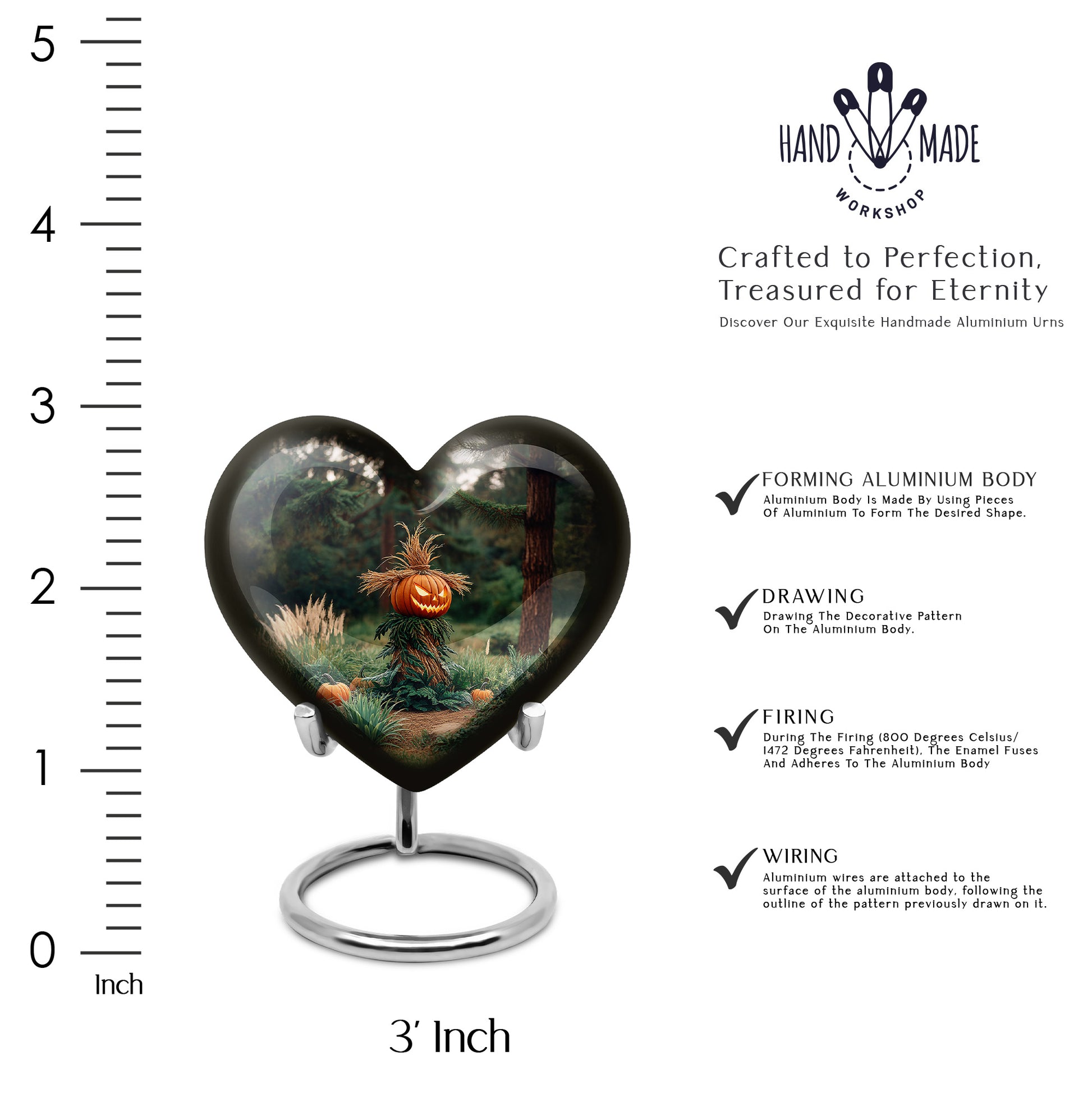 Glossy Black Halloween Cremation Urn front view showing detailed design - heart-shaped halloween design symbolizing eternal love - mini keepsake memorial for portion of cremation ashes