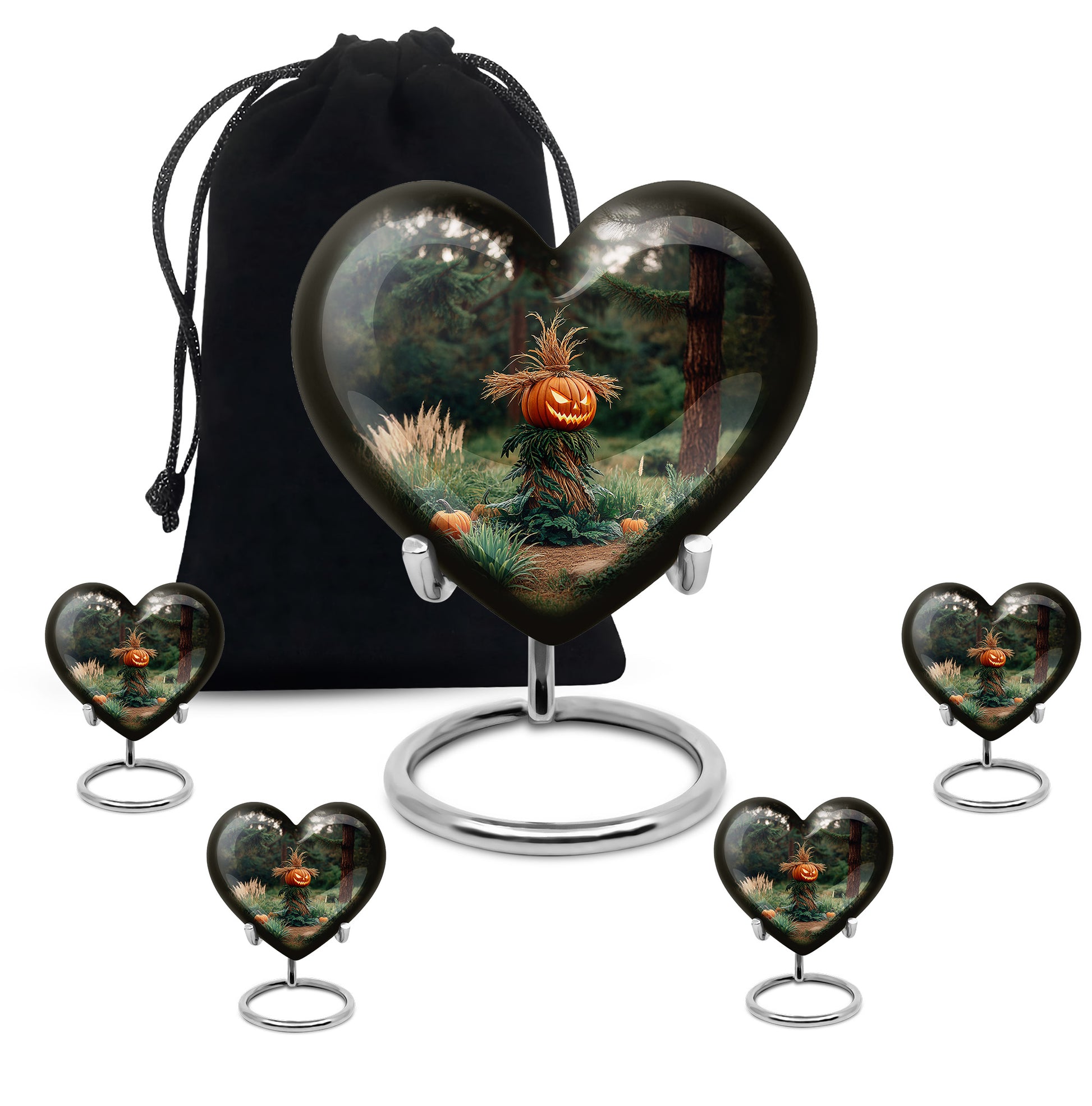 Onyx Black Halloween Cremation Urn close-up of engraving and surface detail - compassionate heart-halloween combination with gentle curves - memorial set with one large and four small urns