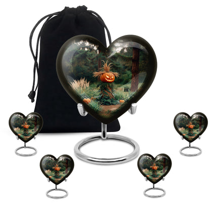 Onyx Black Halloween Cremation Urn close-up of engraving and surface detail - compassionate heart-halloween combination with gentle curves - memorial set with one large and four small urns