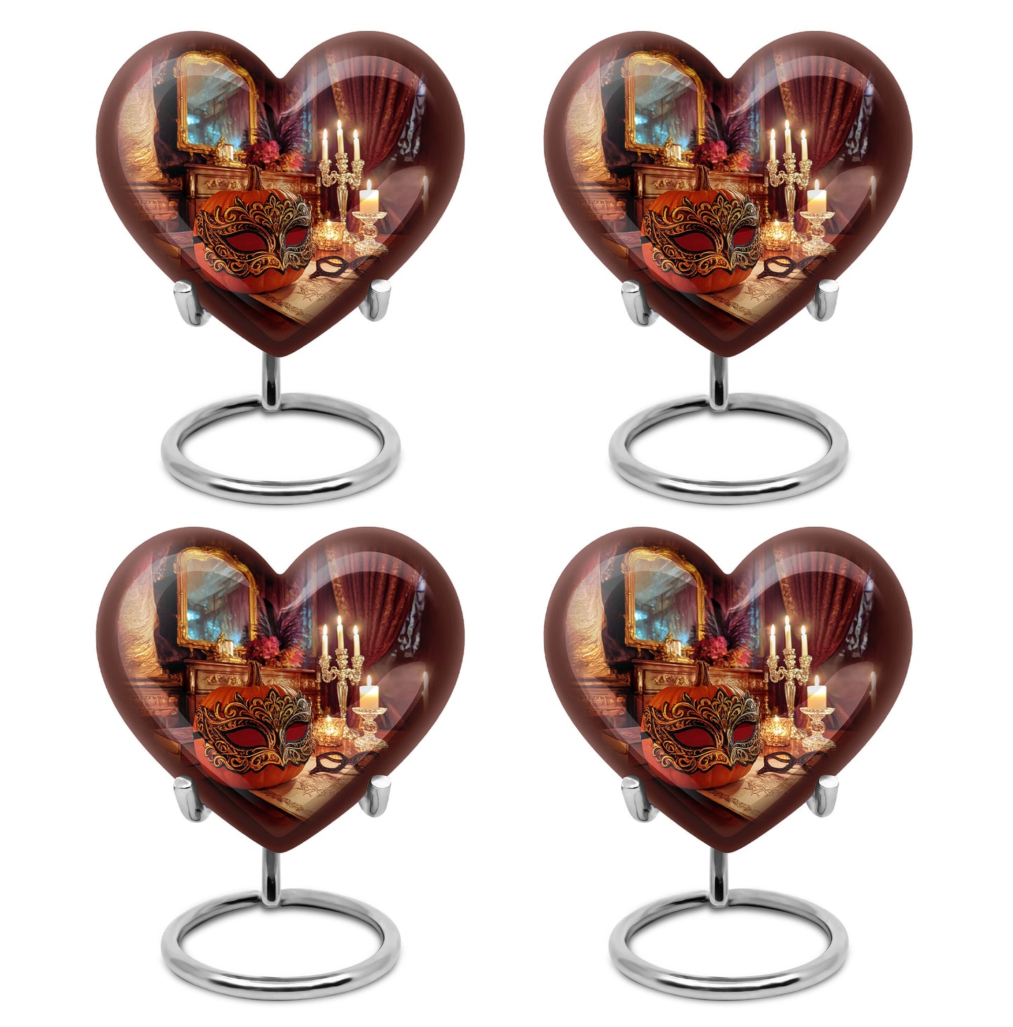 Ruby Red Halloween Cremation Urn angled view of lid and engraved motif - romantic heart urn with halloween motif on aluminum - 10 inch aluminum urn for cremated remains