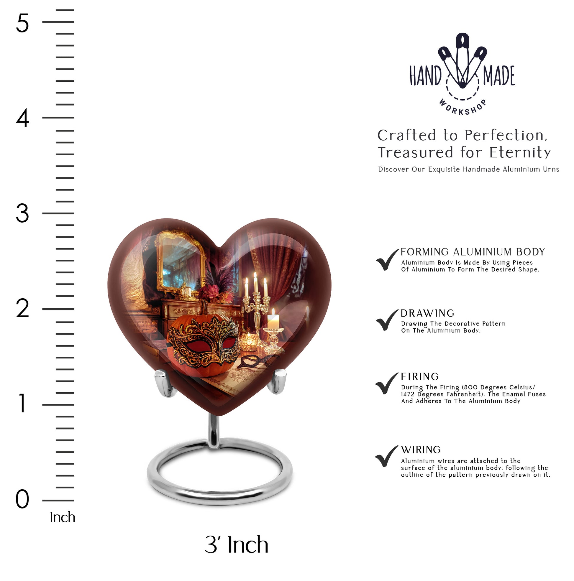 Garnet Red Halloween Cremation Urn front view showing detailed design - heart-shaped halloween design symbolizing eternal love - mini keepsake memorial for portion of cremation ashes