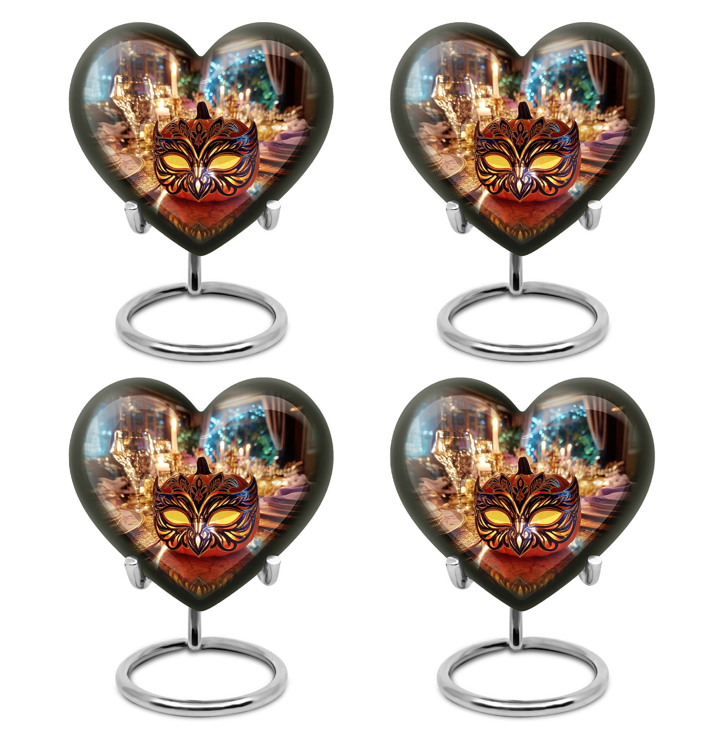 Amber Gold Halloween Cremation Urn angled view of lid and engraved motif - loving heart memorial featuring halloween pattern - 10 inch aluminum urn for cremated remains