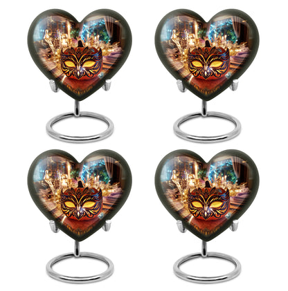 Amber Gold Halloween Cremation Urn angled view of lid and engraved motif - loving heart memorial featuring halloween pattern - 10 inch aluminum urn for cremated remains