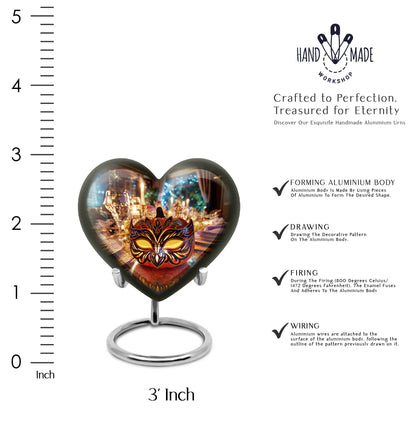 Burnished Gold Halloween Cremation Urn front view showing detailed design - romantic heart urn with halloween motif on aluminum - mini keepsake memorial for portion of cremation ashes