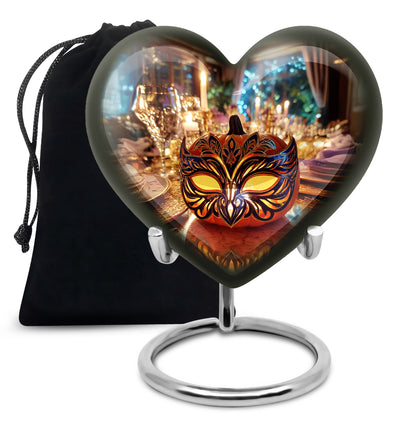Sunrise Gold Halloween Cremation Urn detail view - heart-shaped halloween design symbolizing eternal love - full-size 10 inch 200 cubic inch adult cremation urn