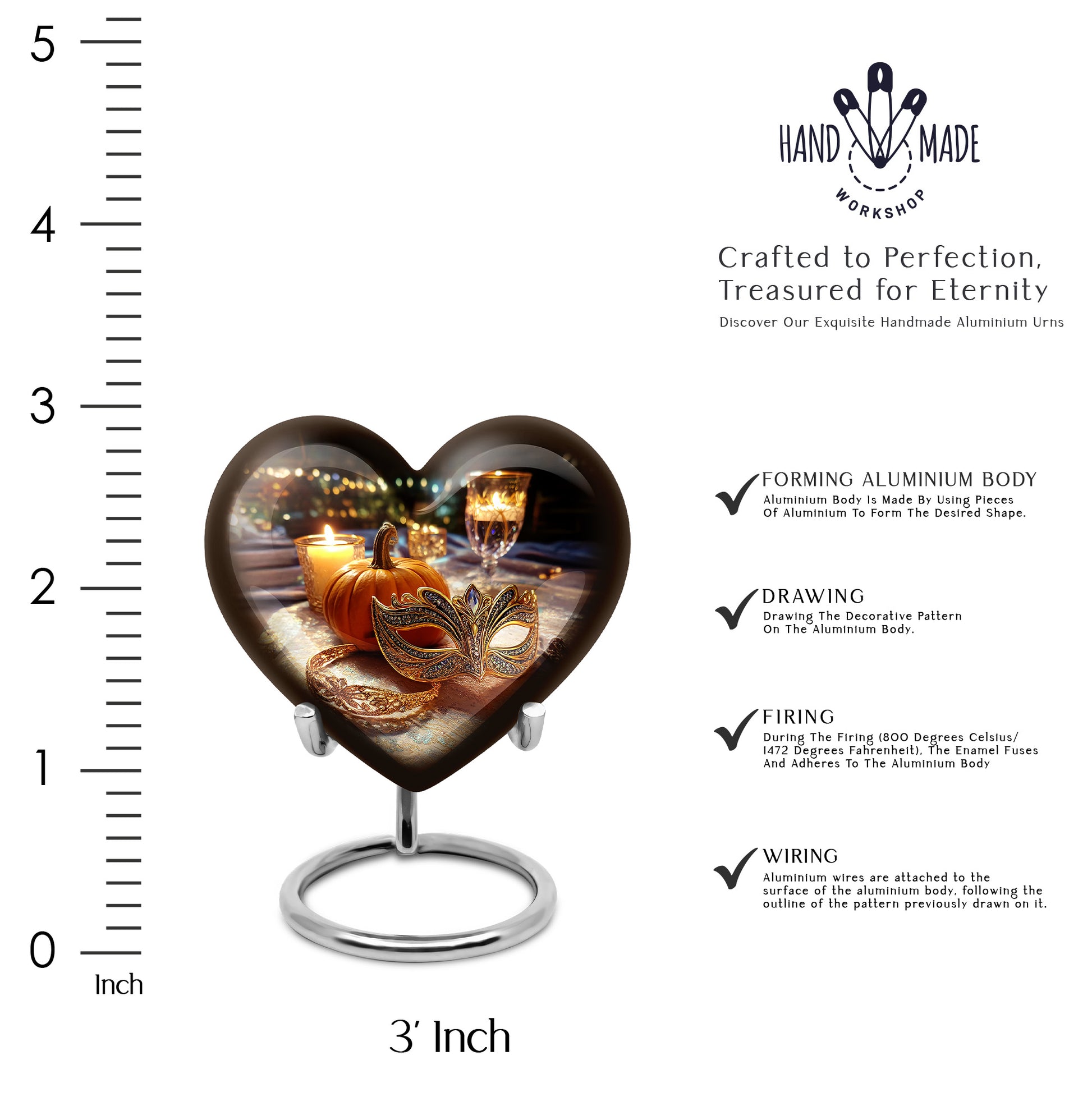 Onyx Black Halloween Cremation Urn front view showing detailed design - romantic heart urn with halloween motif on aluminum - mini keepsake memorial for portion of cremation ashes