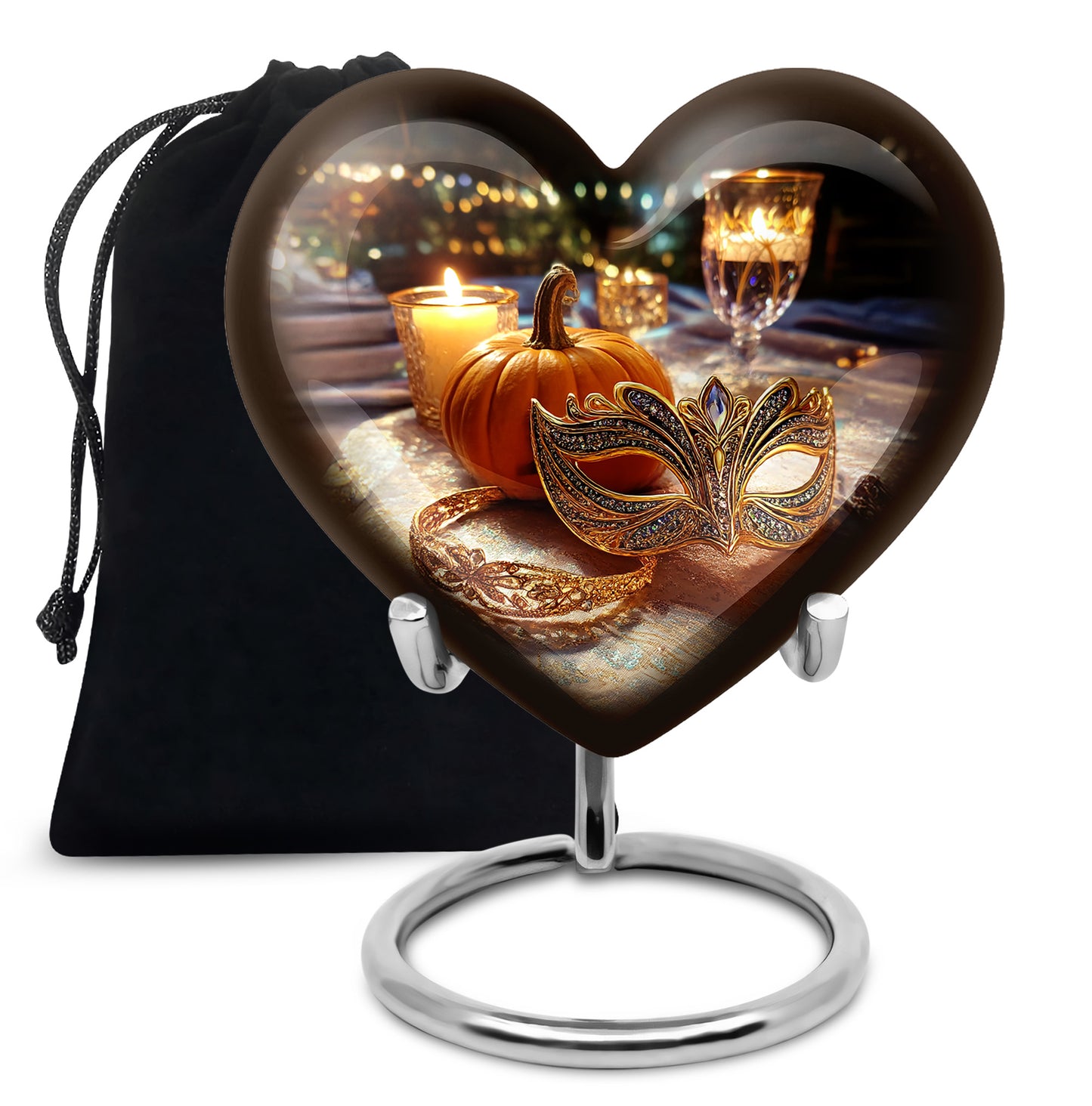 Glossy Black Halloween Cremation Urn detail view - loving heart memorial featuring halloween pattern - full-size 10 inch 200 cubic inch adult cremation urn