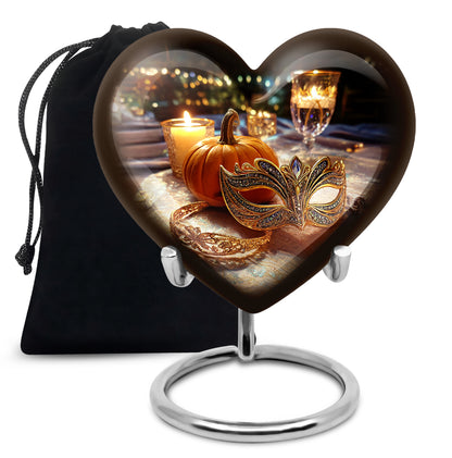 Glossy Black Halloween Cremation Urn detail view - loving heart memorial featuring halloween pattern - full-size 10 inch 200 cubic inch adult cremation urn