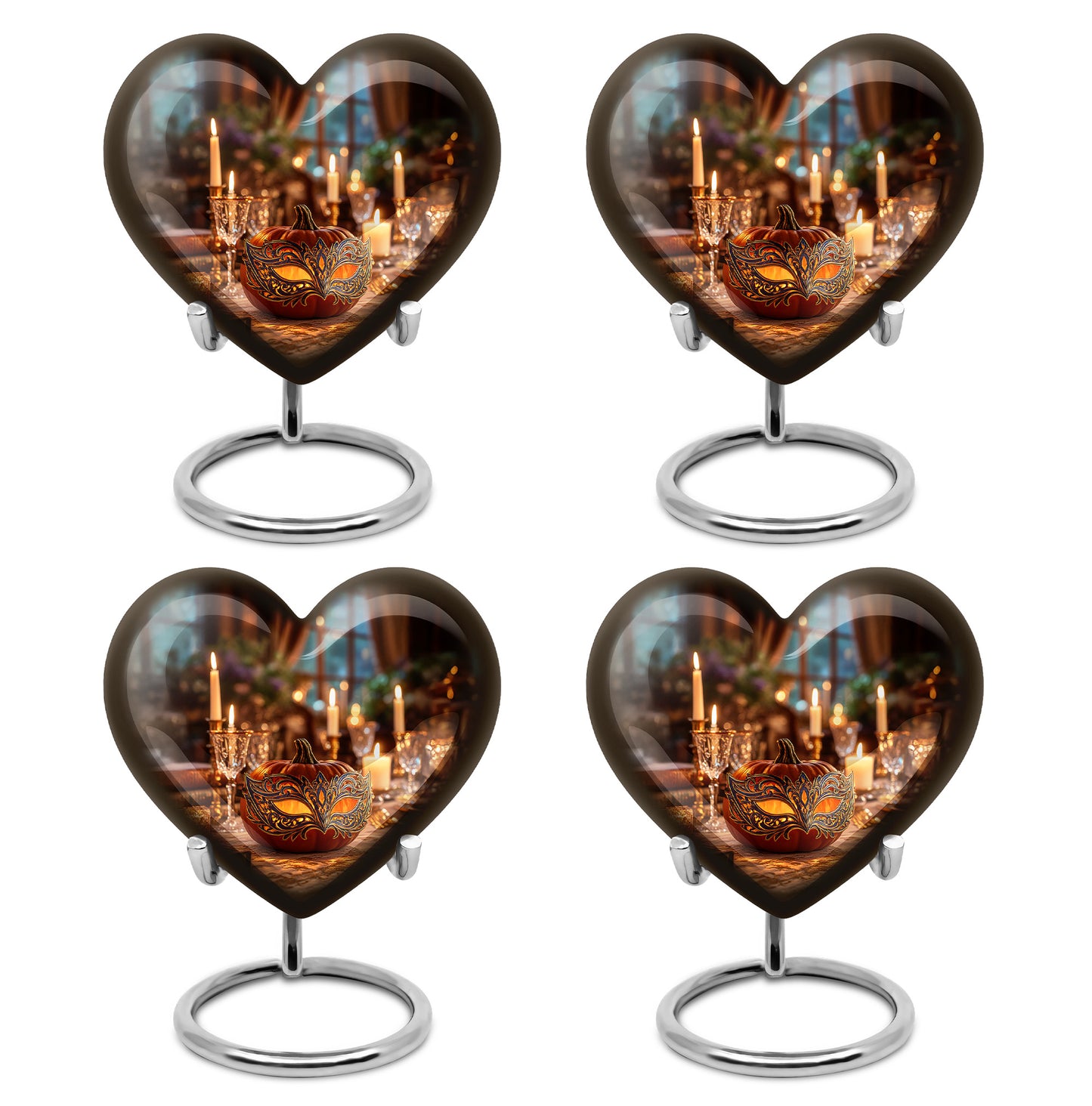 Matte Gold Halloween Cremation Urn angled view of lid and engraved motif - romantic heart urn with halloween motif on aluminum - 10 inch aluminum urn for cremated remains