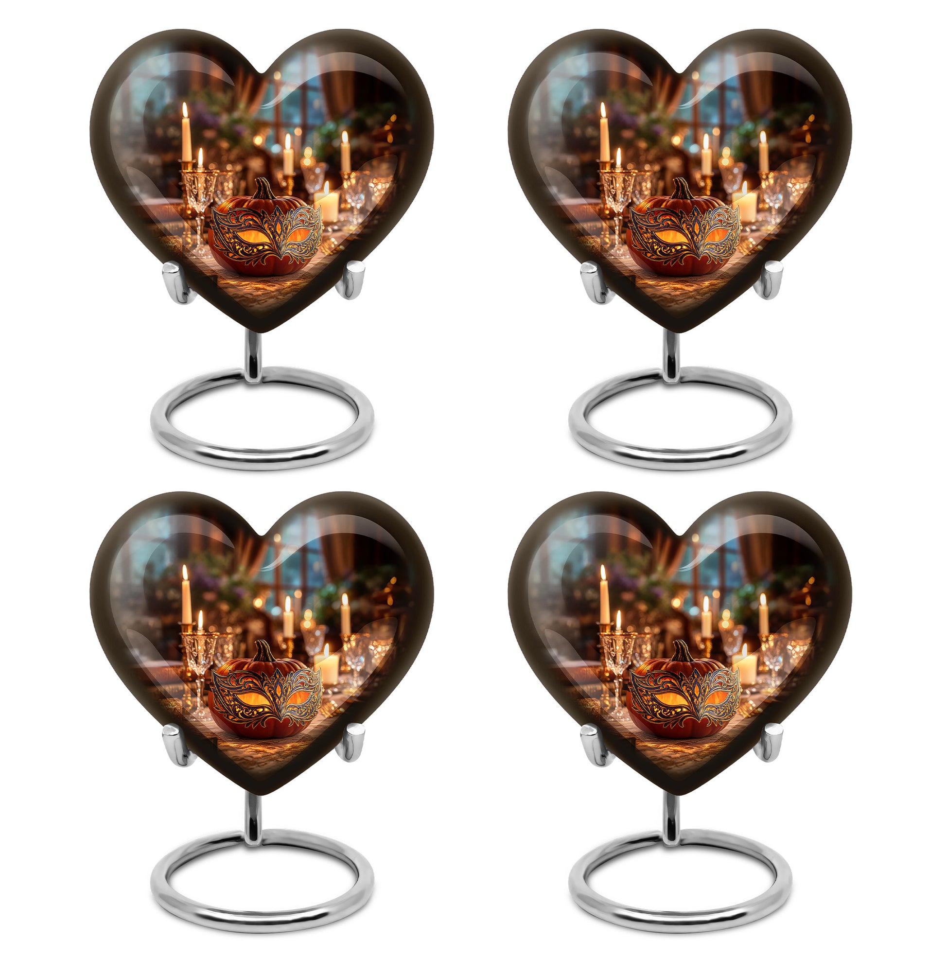 Matte Gold Halloween Cremation Urn angled view of lid and engraved motif - romantic heart urn with halloween motif on aluminum - 10 inch aluminum urn for cremated remains