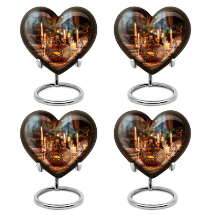 Matte Gold Halloween Cremation Urn angled view of lid and engraved motif - romantic heart urn with halloween motif on aluminum - 10 inch aluminum urn for cremated remains