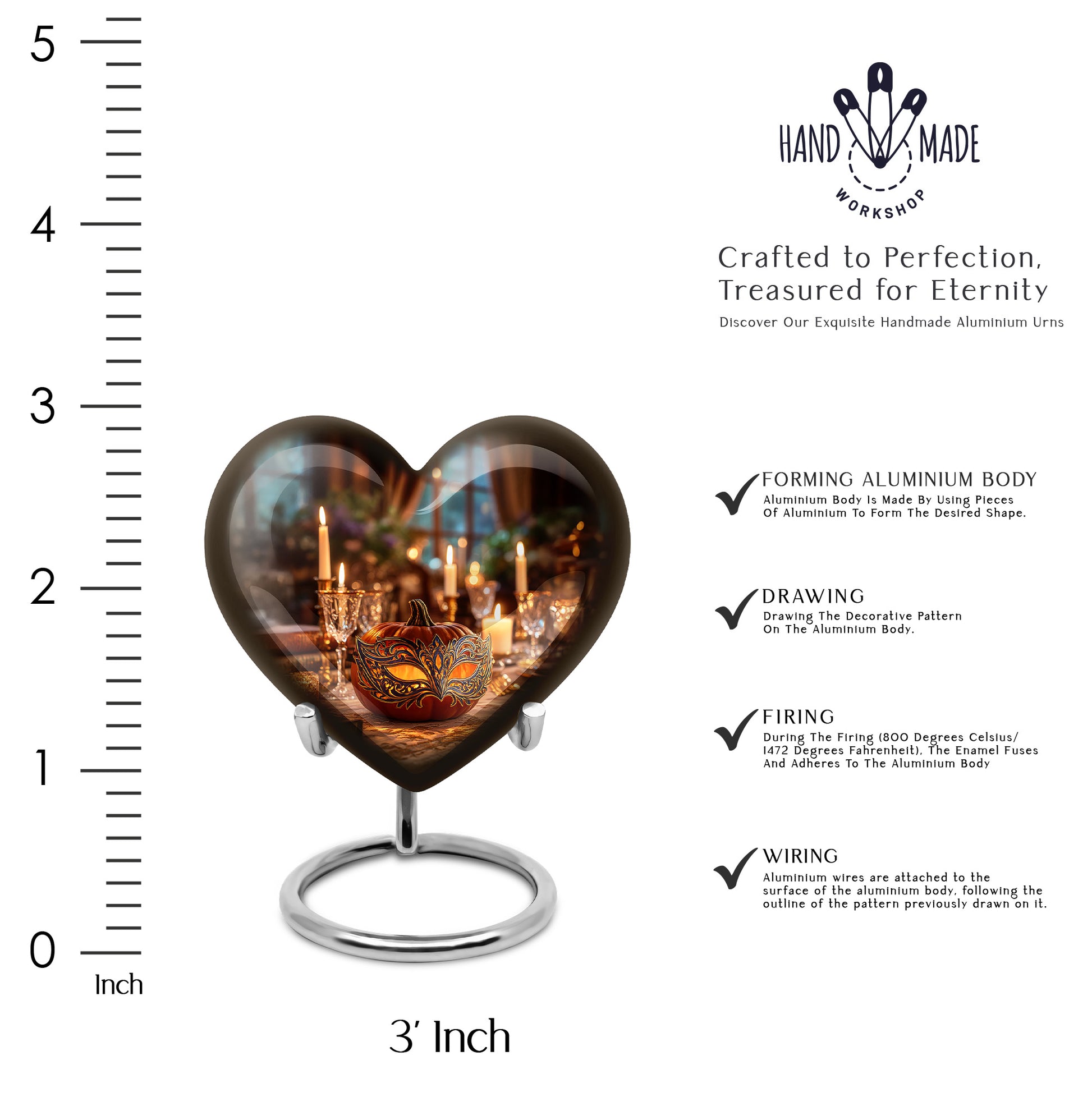 Matte Gold Halloween Cremation Urn front view showing detailed design - compassionate heart-halloween combination with gentle curves - mini keepsake memorial for portion of cremation ashes