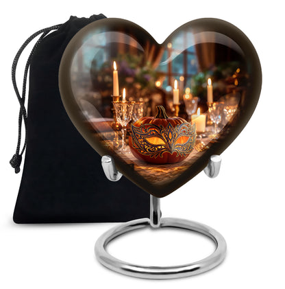 Gilded Gold Halloween Cremation Urn detail view - heart-shaped halloween design symbolizing eternal love - full-size 10 inch 200 cubic inch adult cremation urn