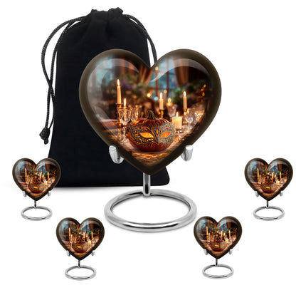 Gilded Gold Halloween Cremation Urn close-up of engraving and surface detail - loving heart memorial featuring halloween pattern - memorial set with one large and four small urns