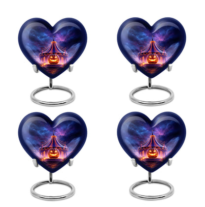 Royal Blue Halloween Cremation Urn angled view of lid and engraved motif - romantic heart urn with halloween motif on aluminum - 10 inch aluminum urn for cremated remains