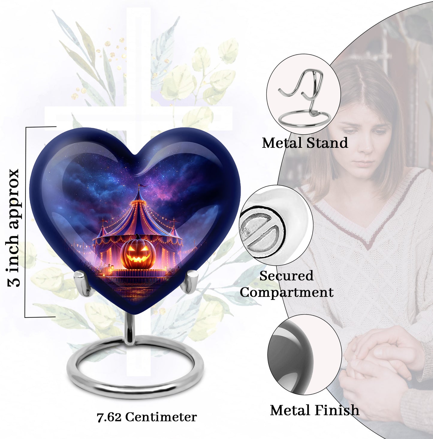 Cornflower Blue Halloween Cremation Urn front view showing detailed design - romantic heart urn with halloween motif on aluminum - mini keepsake memorial for portion of cremation ashes