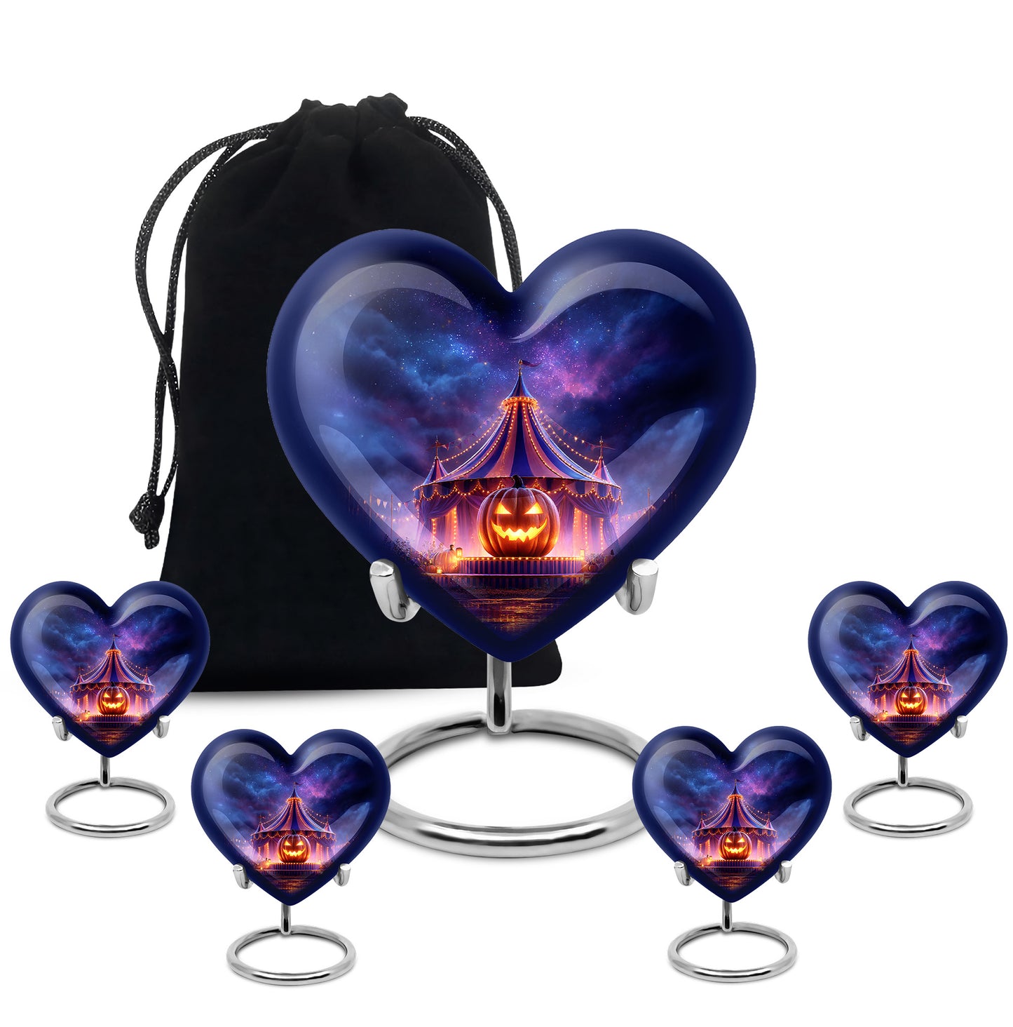 Steel Blue Halloween Cremation Urn close-up of engraving and surface detail - compassionate heart-halloween combination with gentle curves - memorial set with one large and four small urns