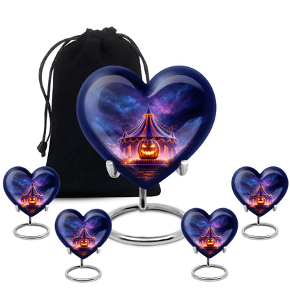 Steel Blue Halloween Cremation Urn close-up of engraving and surface detail - compassionate heart-halloween combination with gentle curves - memorial set with one large and four small urns