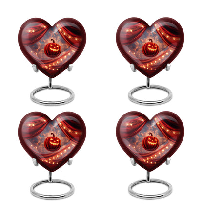Deep Red Halloween Cremation Urn angled view of lid and engraved motif - loving heart memorial featuring halloween pattern - 10 inch aluminum urn for cremated remains