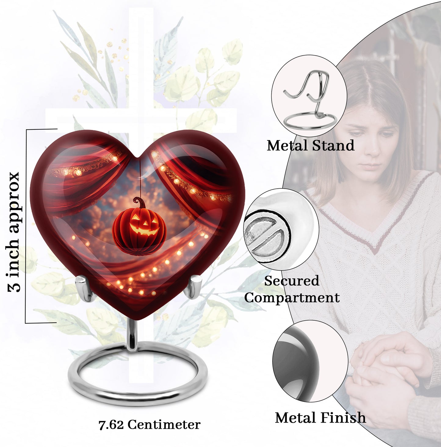 Fiery Red Halloween Cremation Urn front view showing detailed design - romantic heart urn with halloween motif on aluminum - mini keepsake memorial for portion of cremation ashes