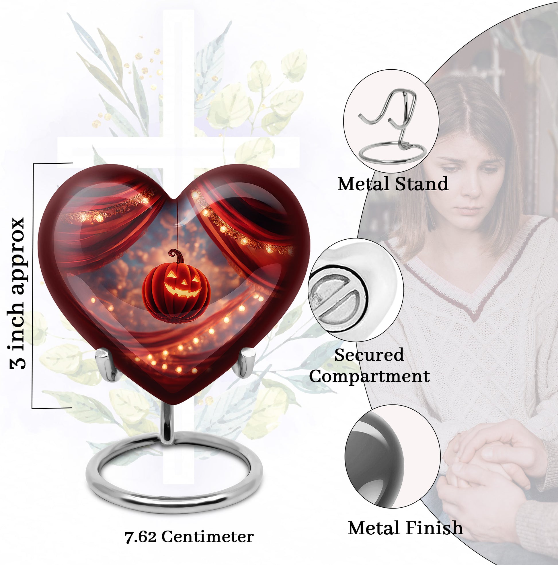 Fiery Red Halloween Cremation Urn front view showing detailed design - romantic heart urn with halloween motif on aluminum - mini keepsake memorial for portion of cremation ashes