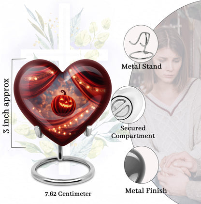 Fiery Red Halloween Cremation Urn front view showing detailed design - romantic heart urn with halloween motif on aluminum - mini keepsake memorial for portion of cremation ashes