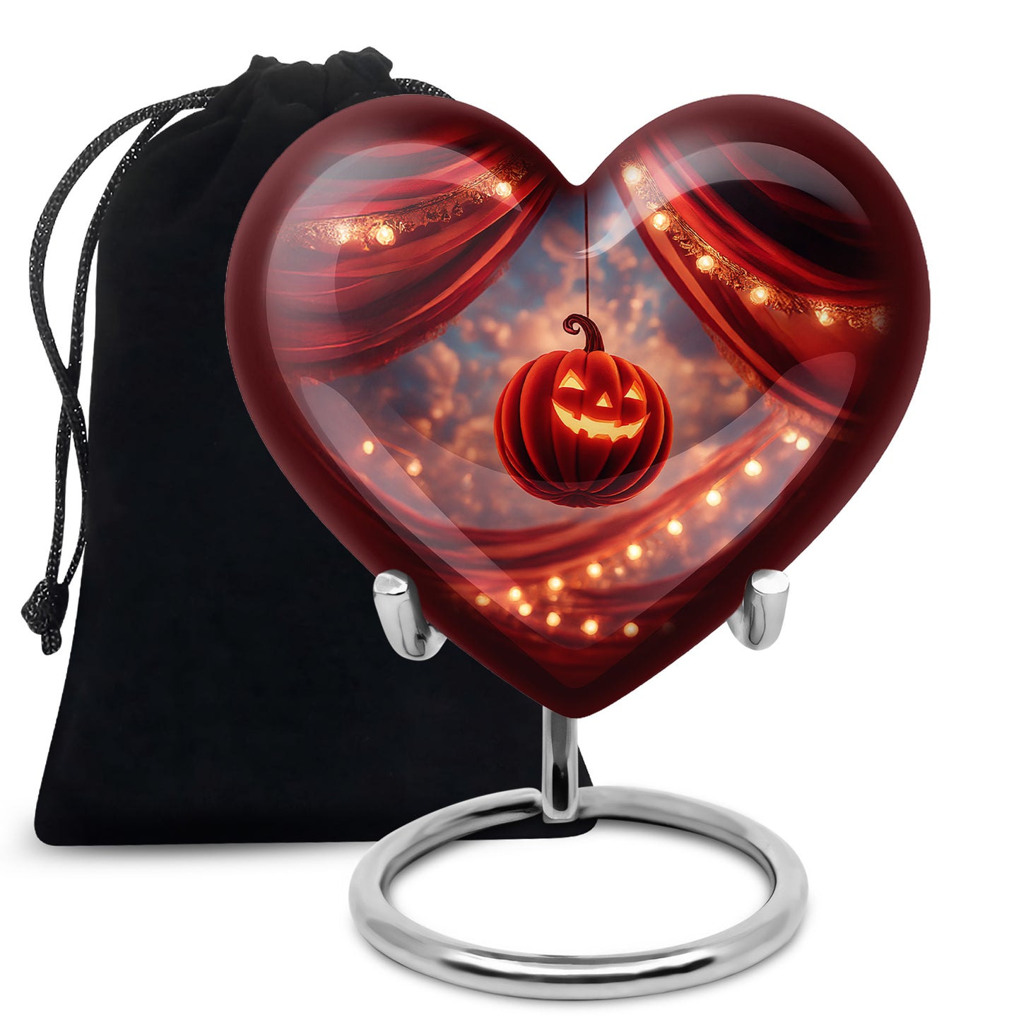 Wine Red Halloween Cremation Urn detail view - heart-shaped halloween design symbolizing eternal love - full-size 10 inch 200 cubic inch adult cremation urn