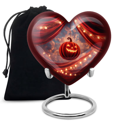 Wine Red Halloween Cremation Urn detail view - heart-shaped halloween design symbolizing eternal love - full-size 10 inch 200 cubic inch adult cremation urn