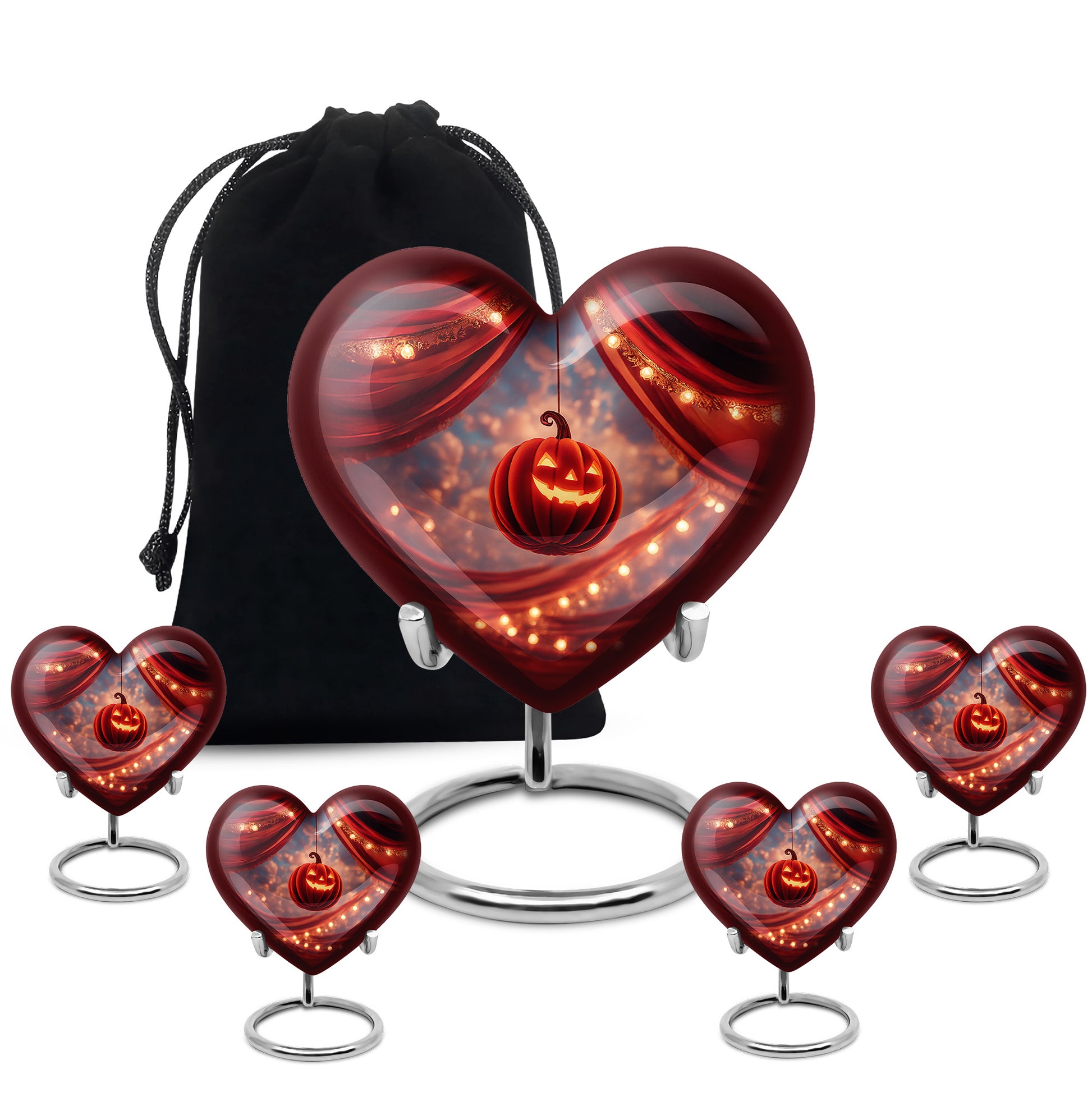 Rich Red Halloween Cremation Urn close-up of engraving and surface detail - compassionate heart-halloween combination with gentle curves - memorial set with one large and four small urns