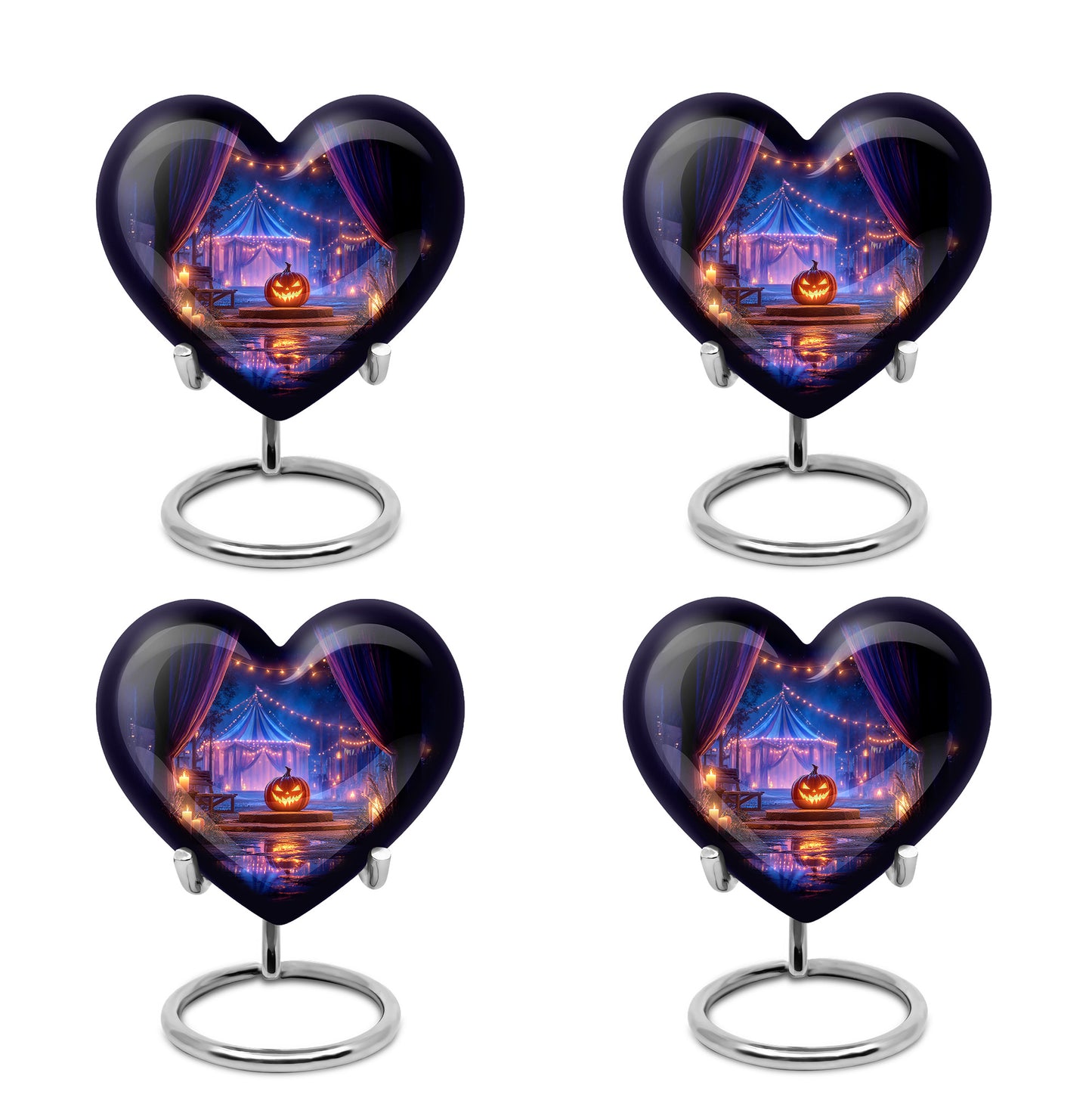 Obsidian Black Halloween Cremation Urn angled view of lid and engraved motif - compassionate heart-halloween combination with gentle curves - 10 inch aluminum urn for cremated remains