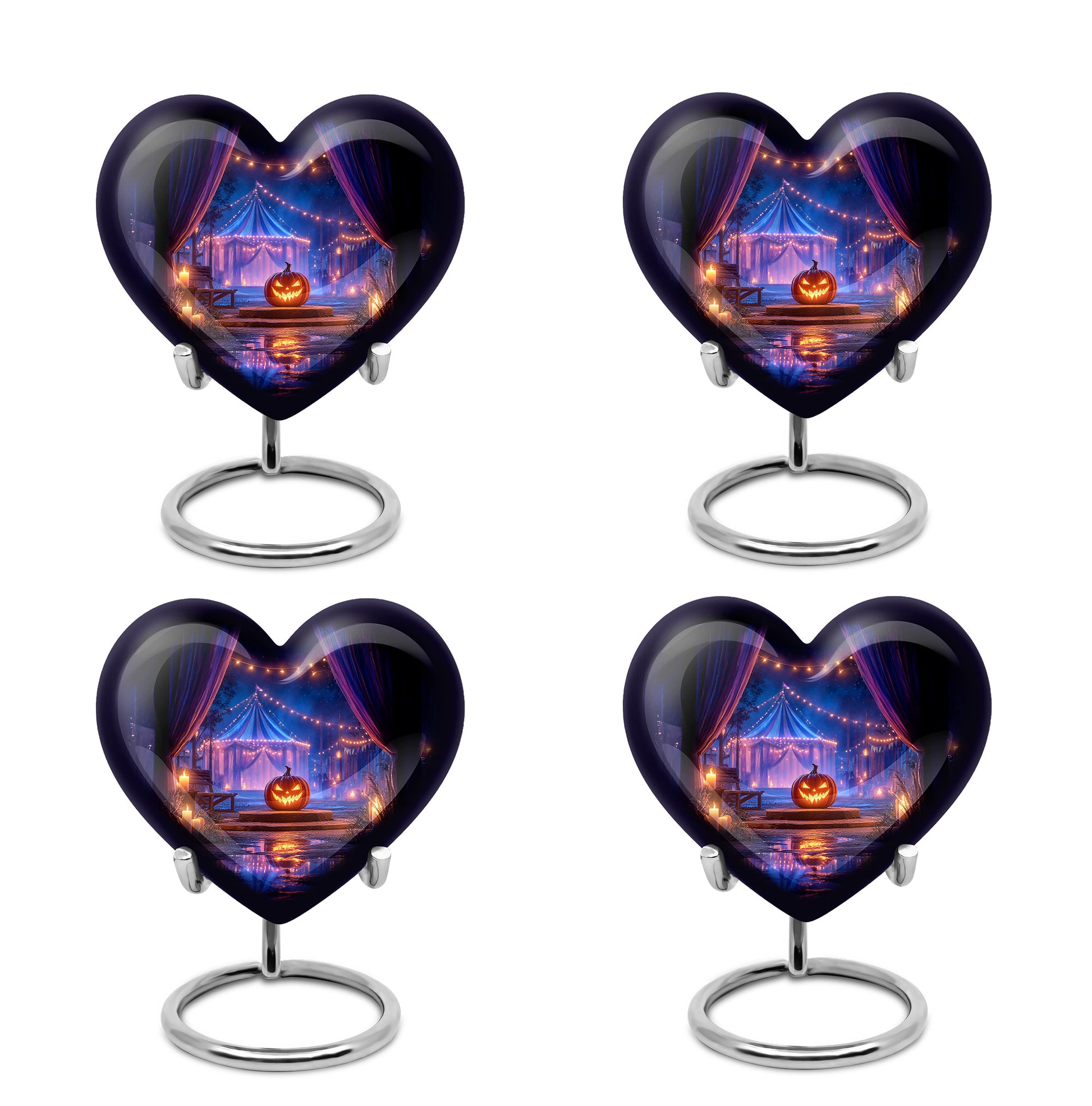 Obsidian Black Halloween Cremation Urn angled view of lid and engraved motif - compassionate heart-halloween combination with gentle curves - 10 inch aluminum urn for cremated remains