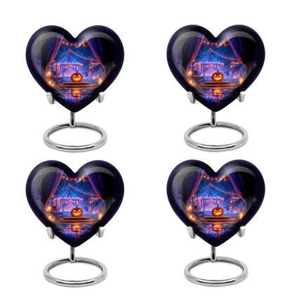 Obsidian Black Halloween Cremation Urn angled view of lid and engraved motif - compassionate heart-halloween combination with gentle curves - 10 inch aluminum urn for cremated remains