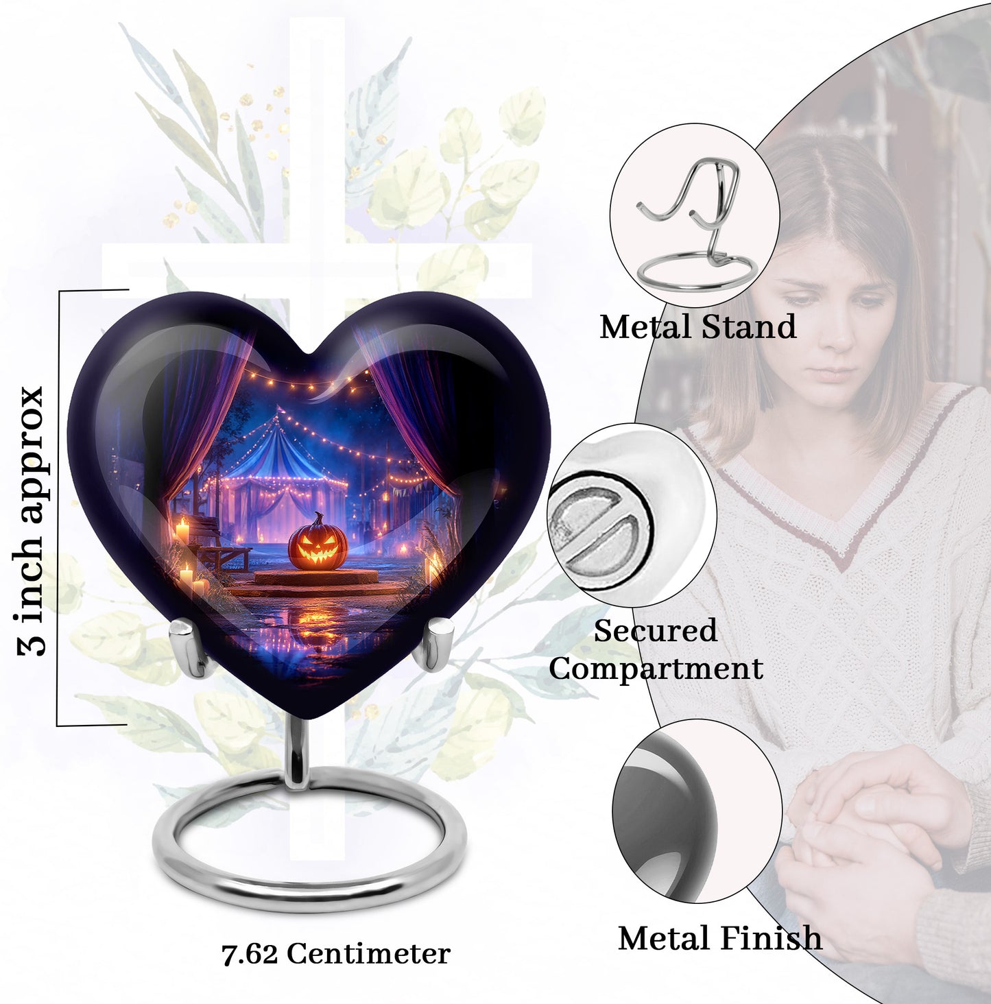 Rich Black Halloween Cremation Urn front view showing detailed design - heart-shaped halloween design symbolizing eternal love - mini keepsake memorial for portion of cremation ashes