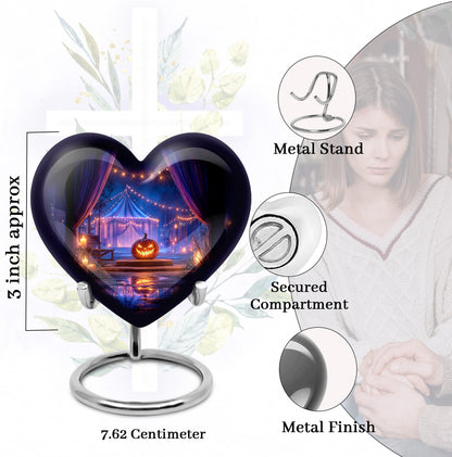 Rich Black Halloween Cremation Urn front view showing detailed design - heart-shaped halloween design symbolizing eternal love - mini keepsake memorial for portion of cremation ashes