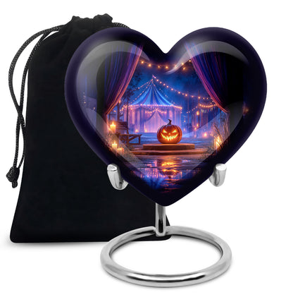 Obsidian Black Halloween Cremation Urn detail view - compassionate heart-halloween combination with gentle curves - full-size 10 inch 200 cubic inch adult cremation urn