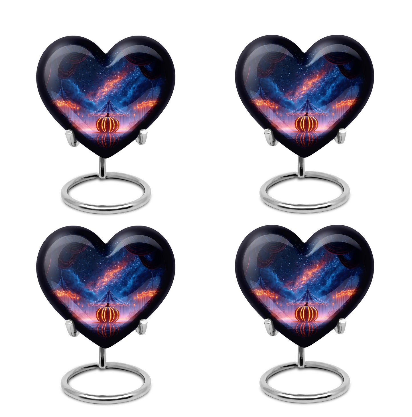 Cobalt Blue Halloween Cremation Urn angled view of lid and engraved motif - compassionate heart-halloween combination with gentle curves - 10 inch aluminum urn for cremated remains